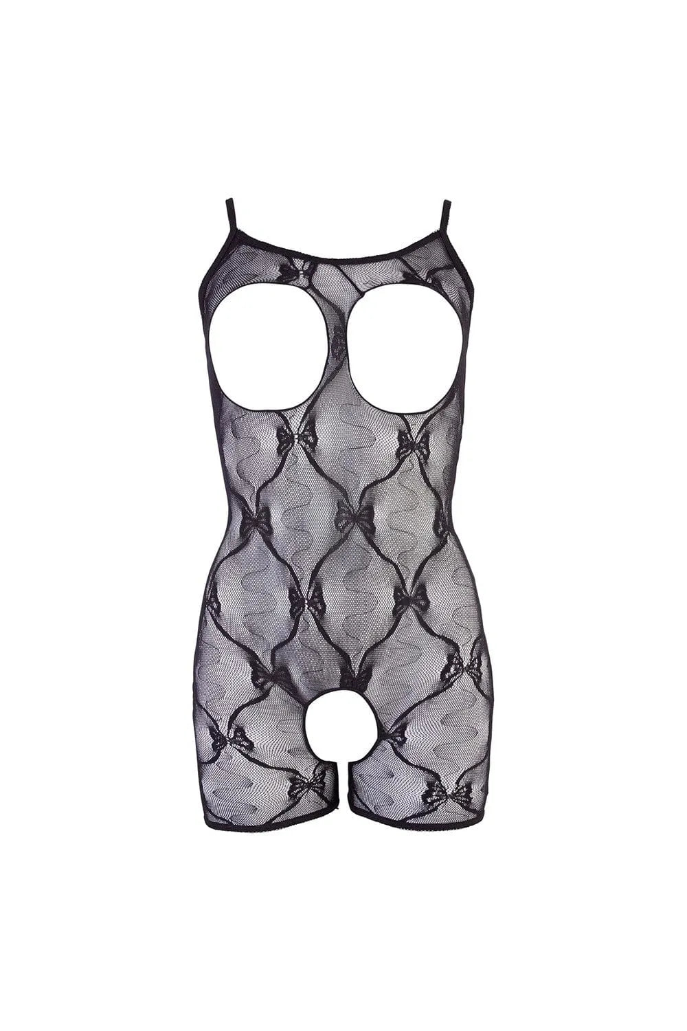 Combinaison short noire résille transparente avec noeuds, ouvertures poitrine et entrejambe, bretelles fines, mitaines inc...