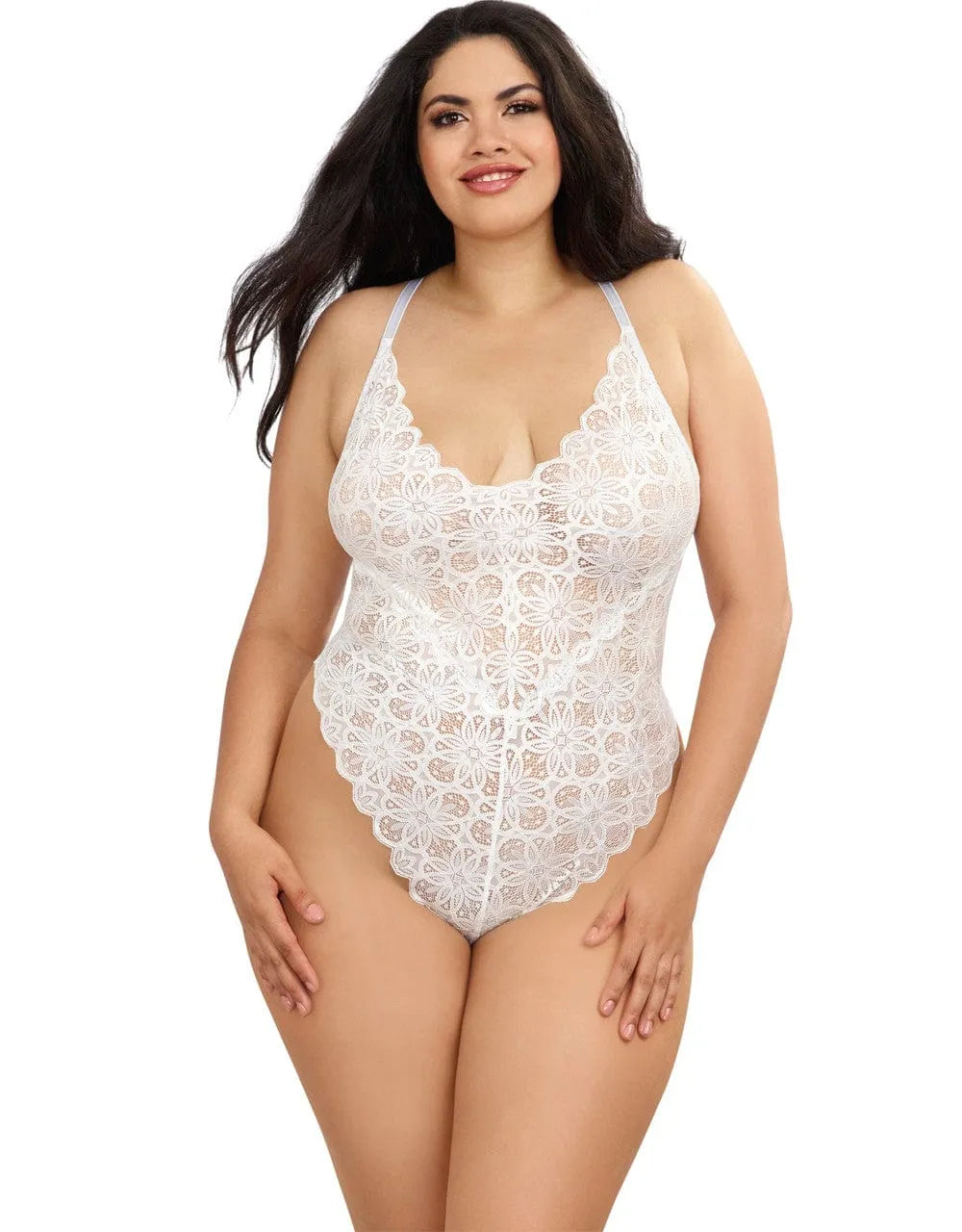 Body grande taille en dentelle blanche, coupe échancrée, dos quasi nu, bretelles réglables, jupe longue amovible.