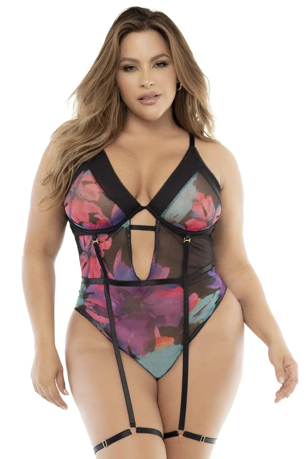 Body grande taille noir imprimé fleurs exotiques bonnets armatures bretelles réglables porte jarretelles amovibles fermeture réglable entrejambe douceur extensible maintien
