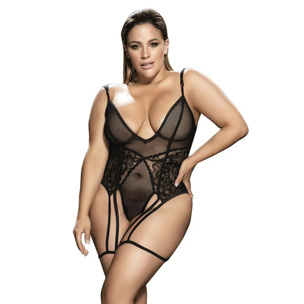 Body grande taille noir portejarretelles sexy fine maille transparente dentelle résille décolleté plongeant ajustable bretelles extensible glamour voluptueux