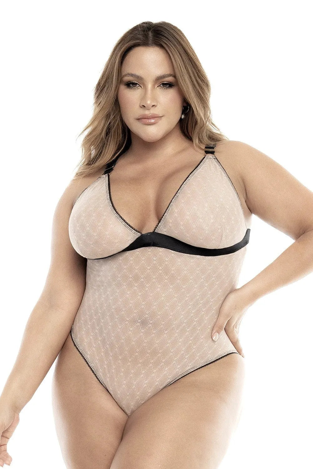 Body Grande Taille Résille Chair Sexy Confortable Maintien Réglable Bretelles Larges Bande Élastique Soutien Fermeture Entrejambe Extensible Géométrique