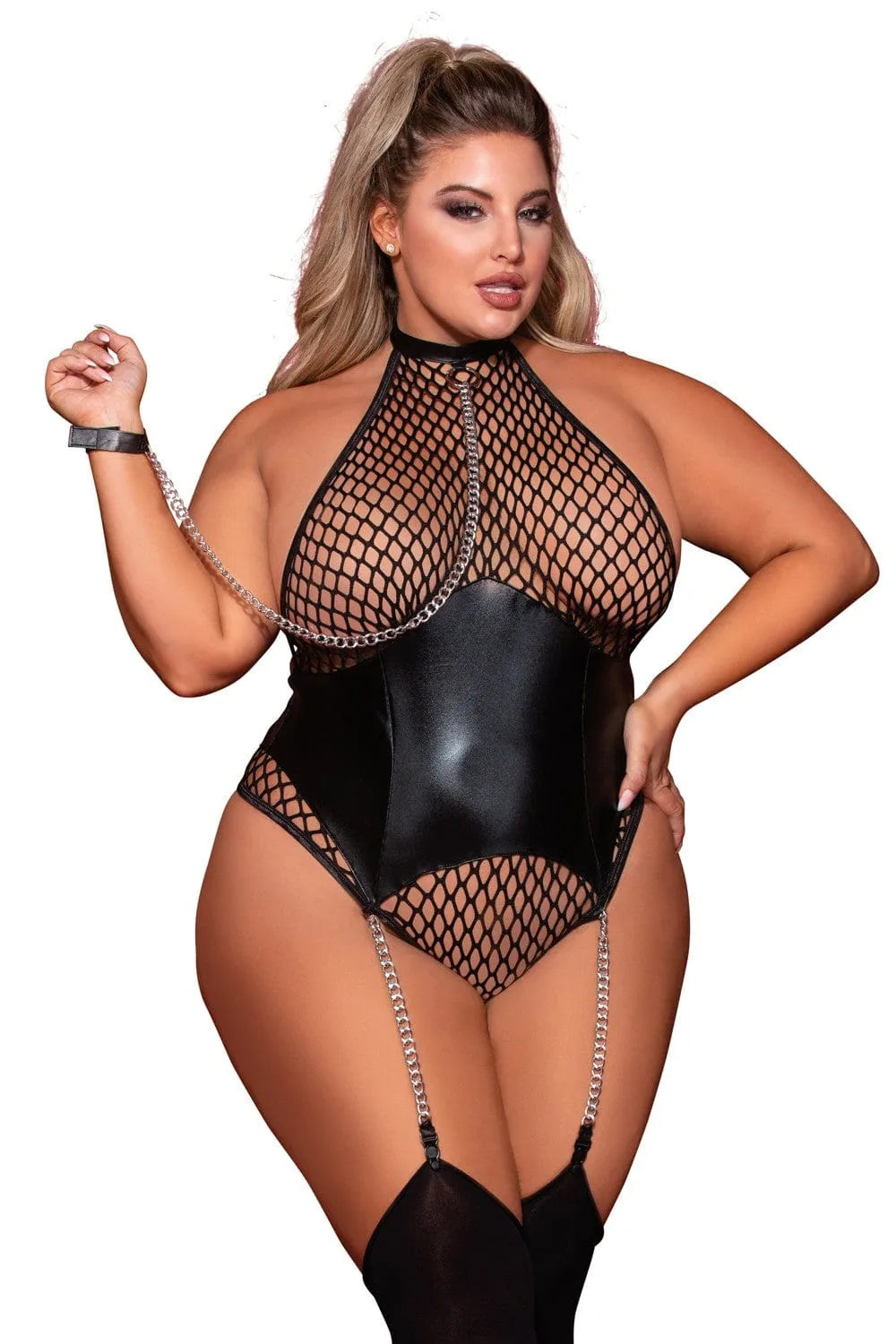 Body grande taille résille style corset ceinture similicuir dos nu élastiques réglables collier laisse chaîne métal