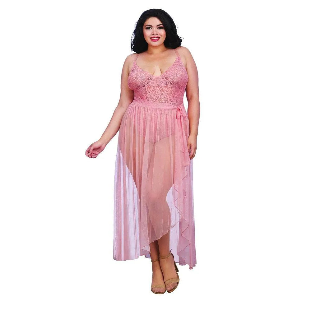 body grande taille rose vintage dentelle échancré hanches dos quasi nu bretelles réglables jupe longue maille transparente amovible nylon élasthanne