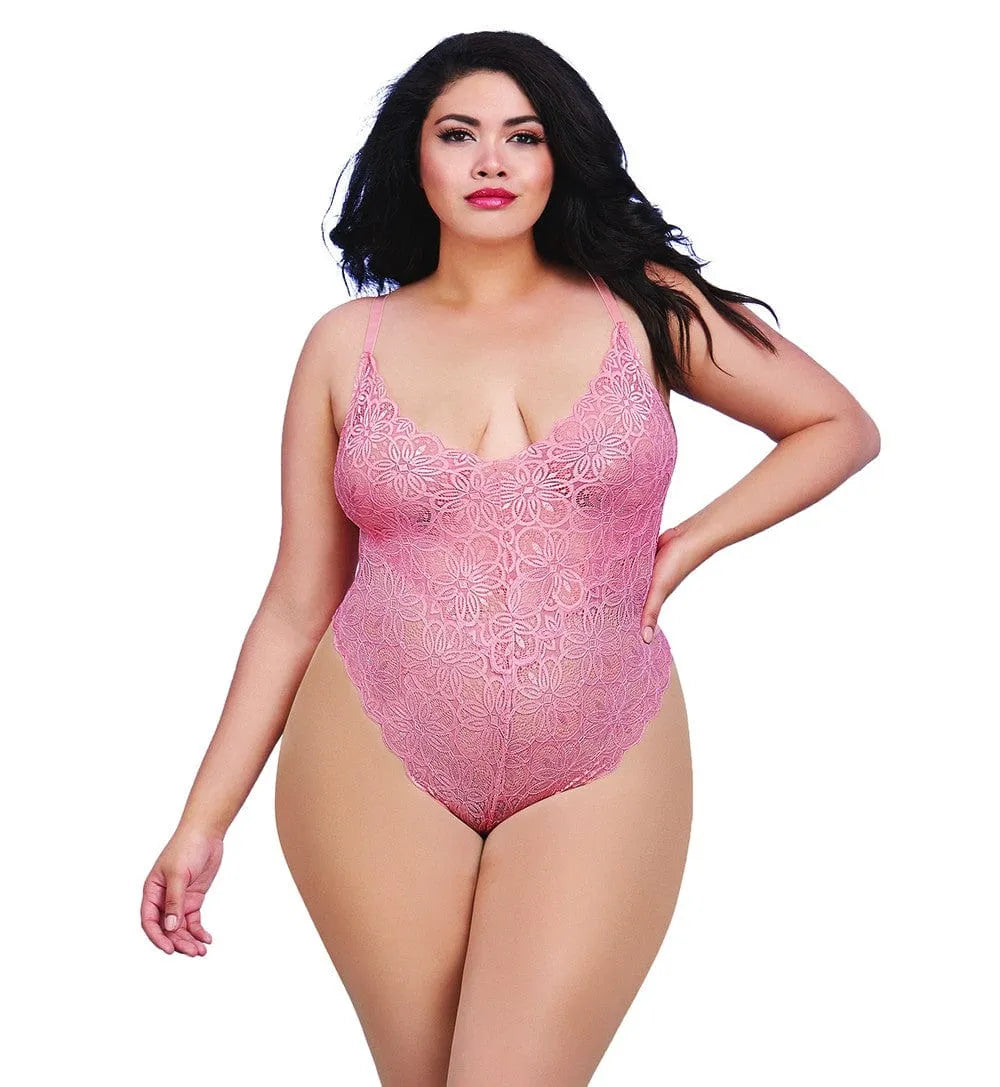Body grande taille rose en dentelle échancré, dos nu, bretelles réglables, jupe longue amovible, style vintage élégant.