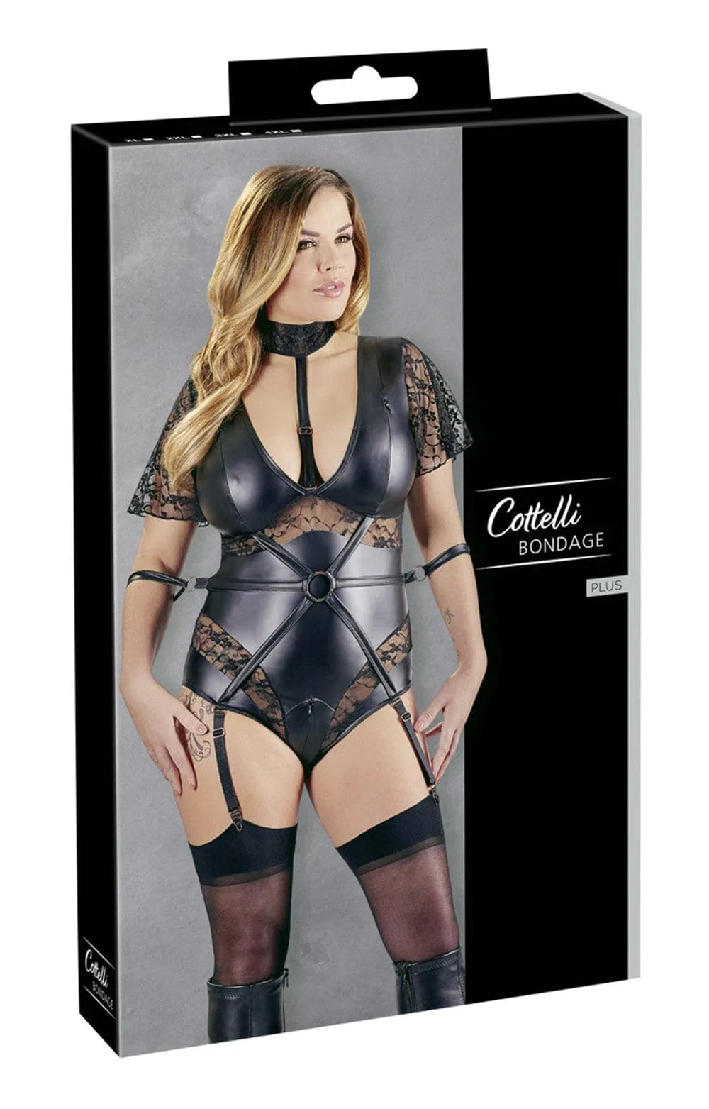 Body jarretelles noir grande taille, dentelle et cuir mat, manches longues, menottes amovibles, fermetures éclair.
