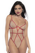 Body lingerie femme résille couleur chair coutures rouges armatures soutien bretelles réglables cœur métal string brésilien entrejambe réglable polyamide elasthanne