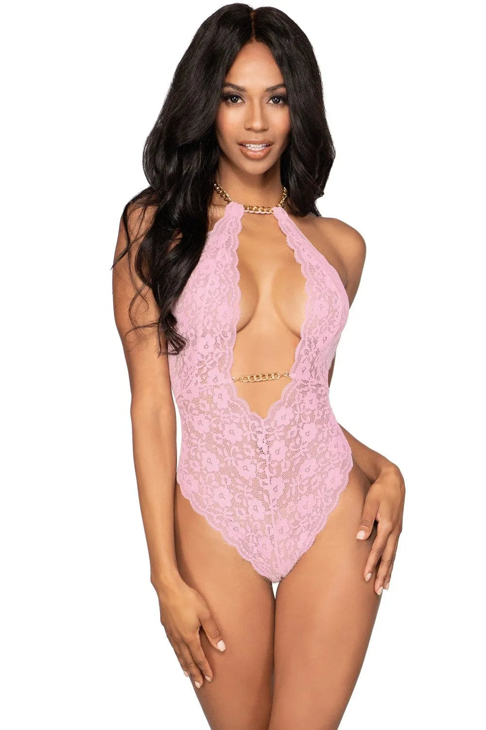 Body lingerie rose en dentelle, dos nu, chaînes amovibles, collier ajustable, nylon élasthanne, silhouette glamour.