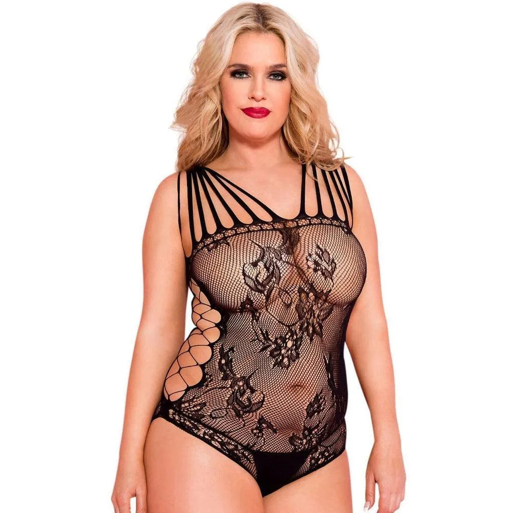 Body Noir Grande Taille Résille Floral Ajouré Côtés Multiples Bretelles Élégantes Confort Extensible Nylon Élasthanne Respirable Raffiné Séduction Courbes Sublimées