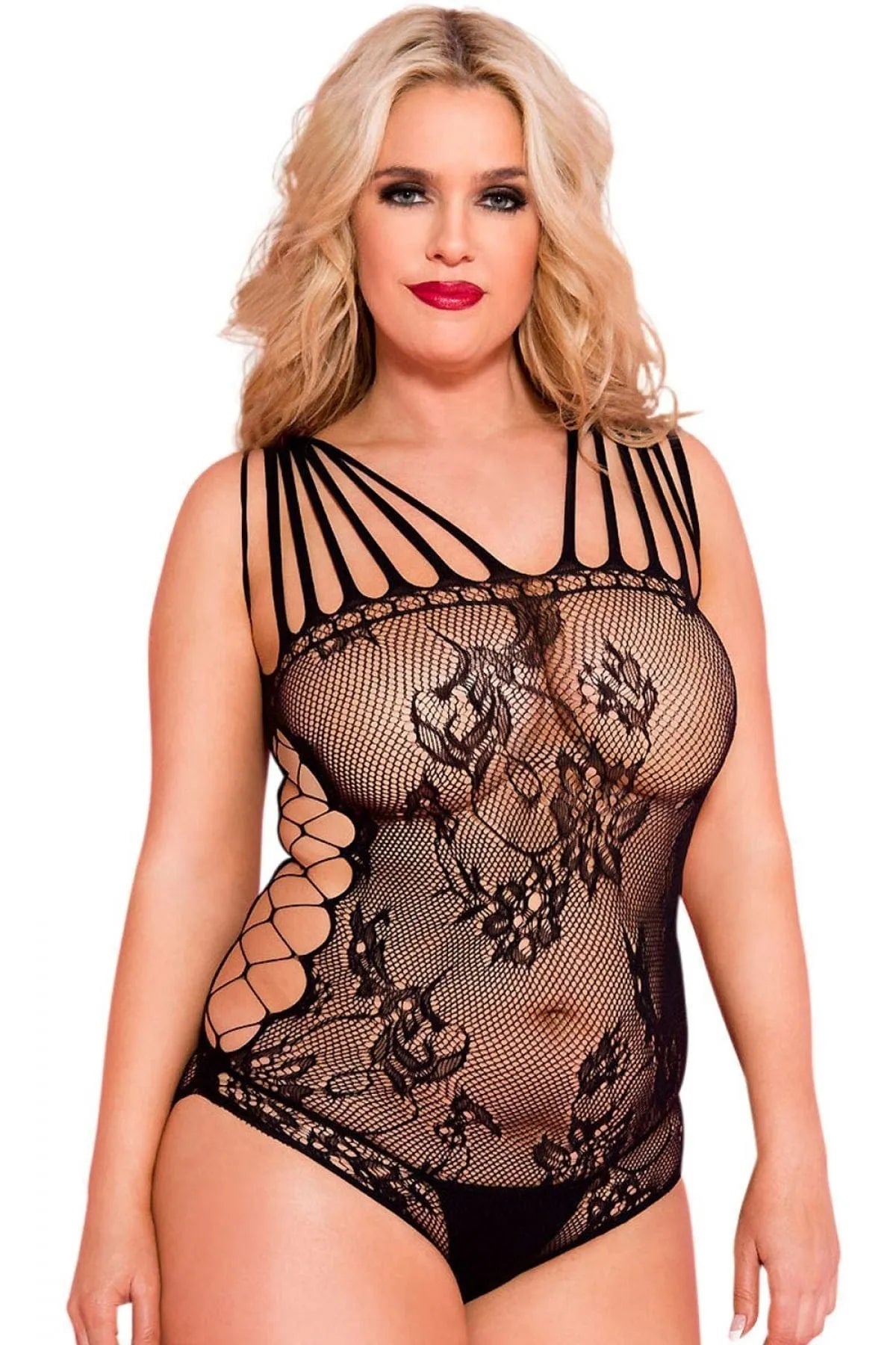 Body noir grande taille en résille florale, ajouré sur les côtés, avec bretelles multiples élégantes, style séduisant.