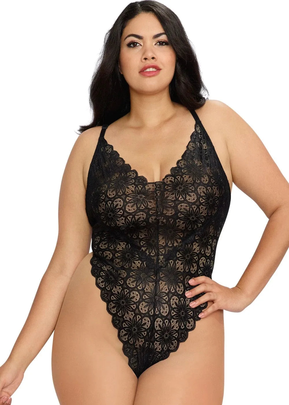 Body noir grande taille en dentelle, échancré aux hanches, dos quasi nu, bretelles réglables, jupe longue amovible.