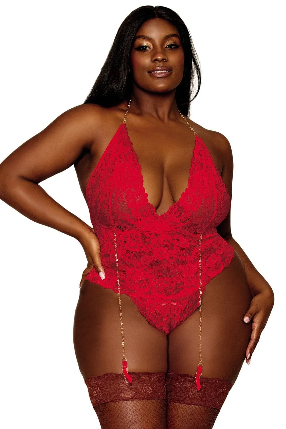 body rouge grande taille dentelle florale porte jarretelles chaînettes ouvert entrejambe chaîne dorée col nœud arrière extensible nylon élasthanne confortable