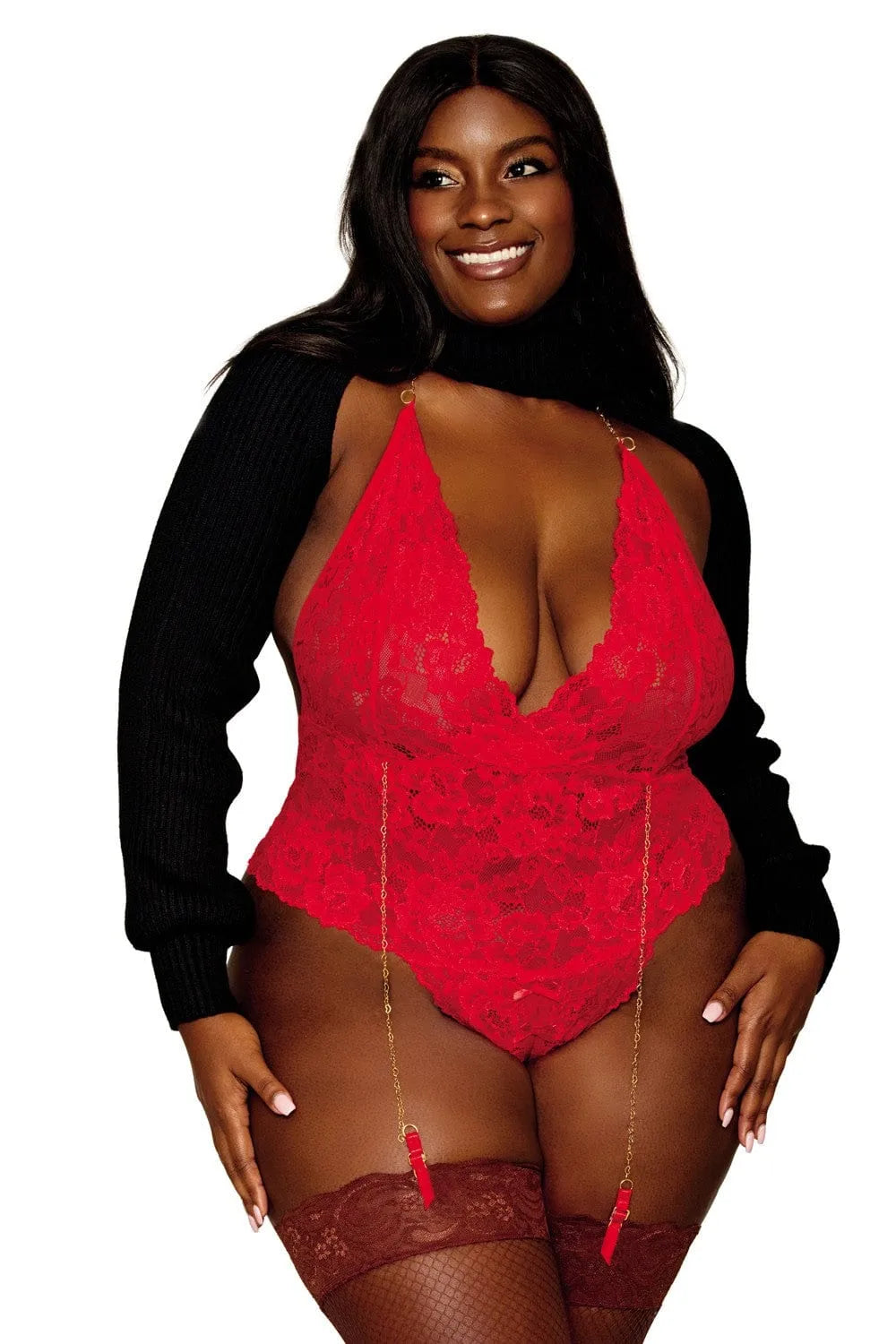 Body rouge grande taille en dentelle florale avec porte-jarretelles chaînettes, chaîne dorée, ouvert entrejambe.