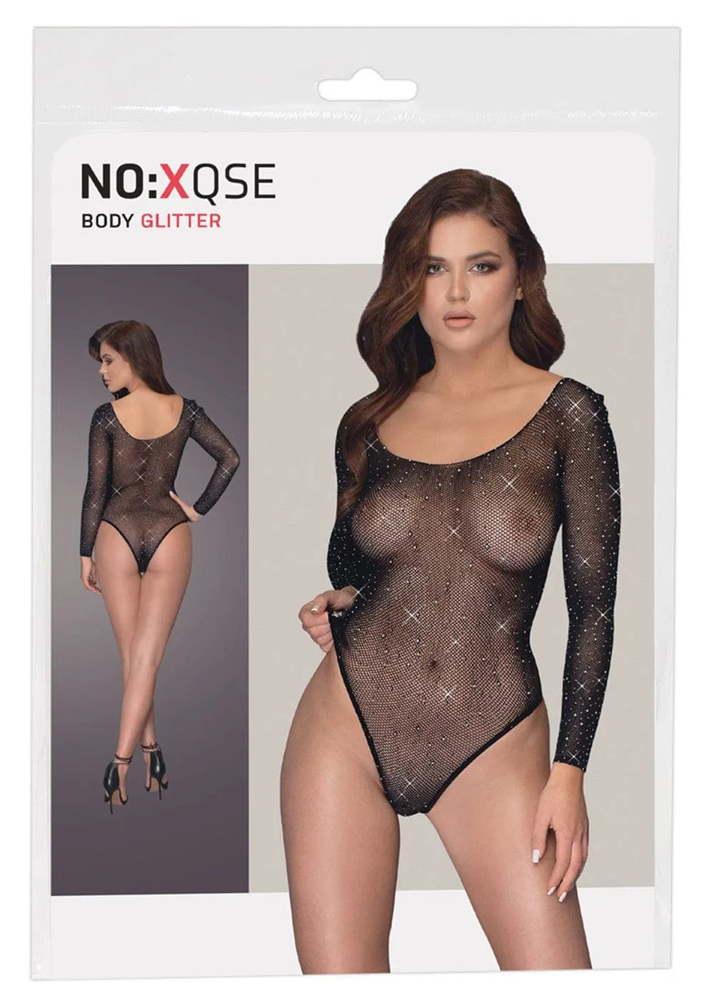 Body noir manches longues résille avec paillettes, encolure et poignets renforcés, coupe string, confort soyeux et extensi...