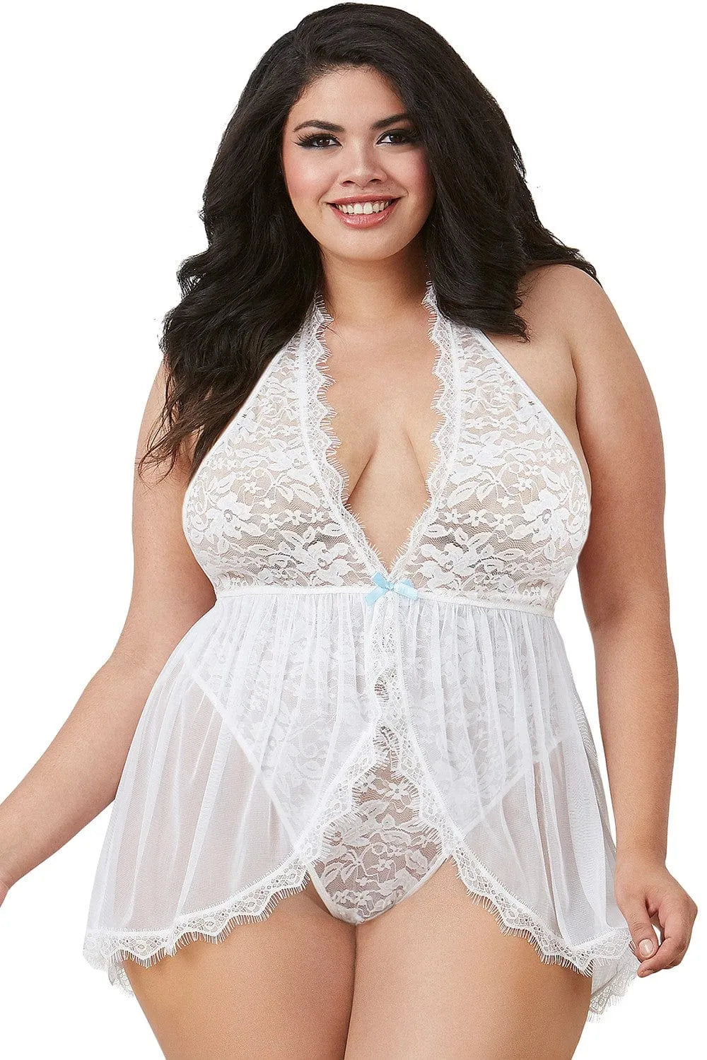 Body String Grande Taille Blanc Dentelle Décolleté Profond Bretelles Nouées Nu Dos Jupette Ouverte Maille Élastique Sexy Confort