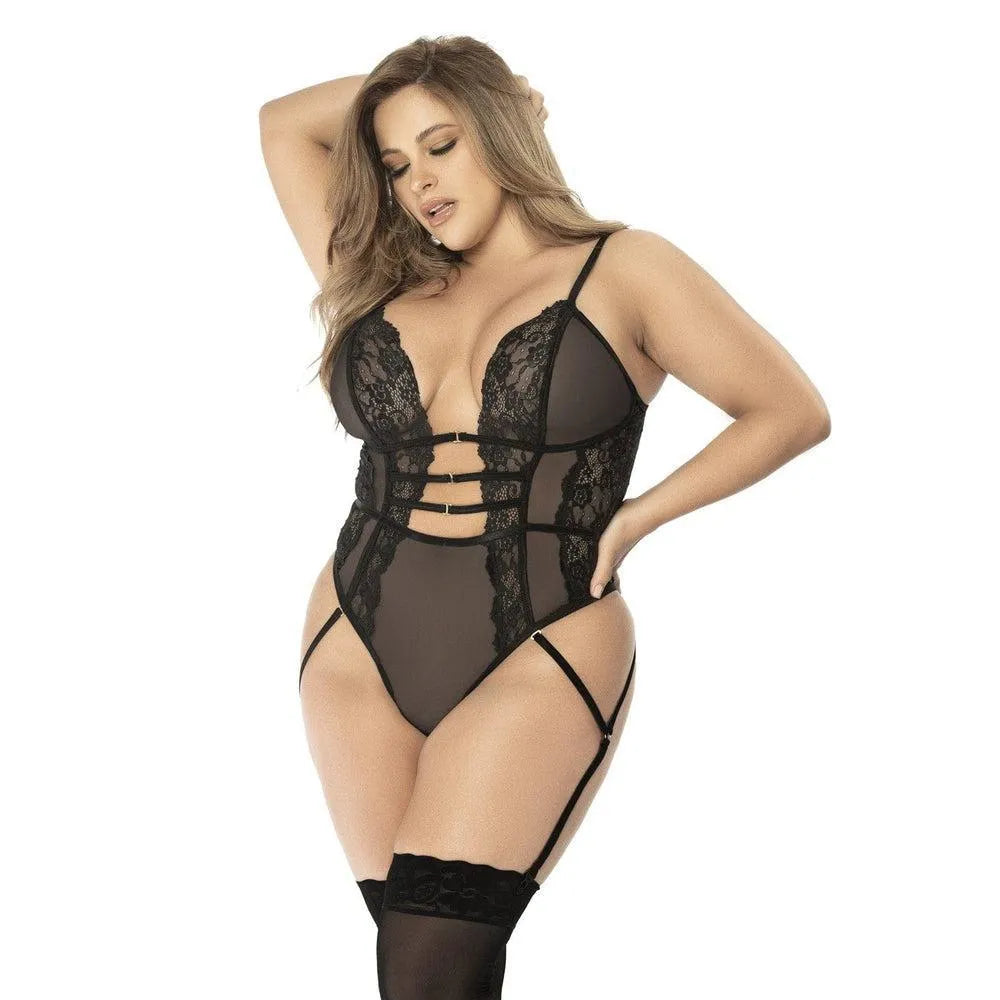 body string grande taille dentelle noire luxe sublimant courbes confort extensible bretelles réglables fermeture entrejambe ajustable jarretelles amovibles nylon elasthanne