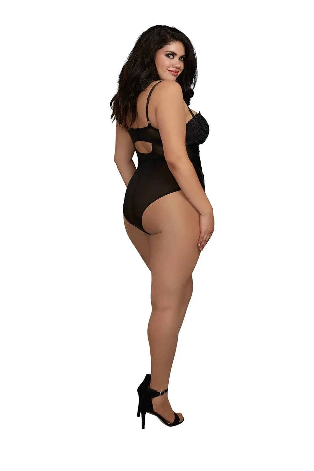 Body string grande taille noir en dentelle et simili cuir, bretelles réglables, bonnets moulés, vue de dos.