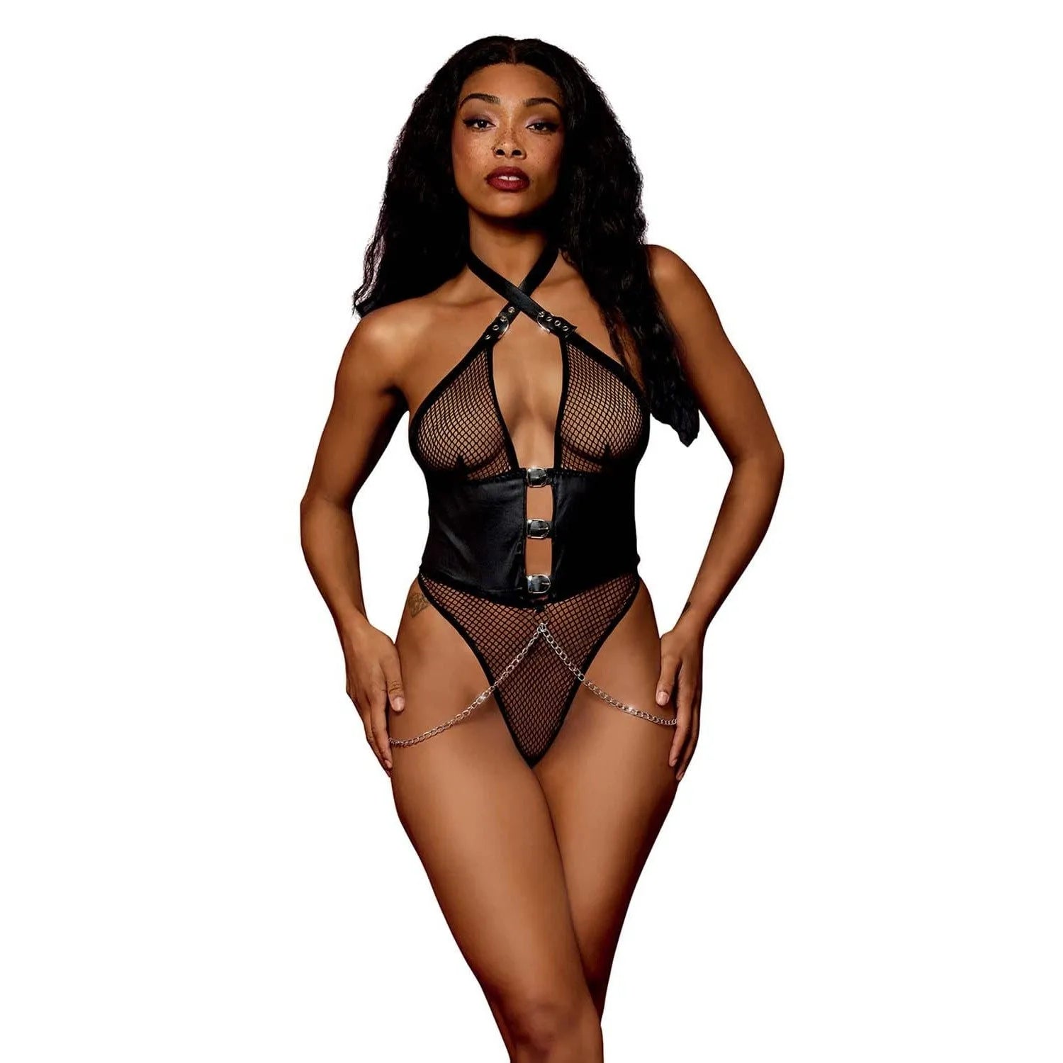 combinaison string résille noir simili cuir corset taille sculptante bonnets triangulaires réglables bretelles élastiques chaînes drapées sensuelle dominatrice