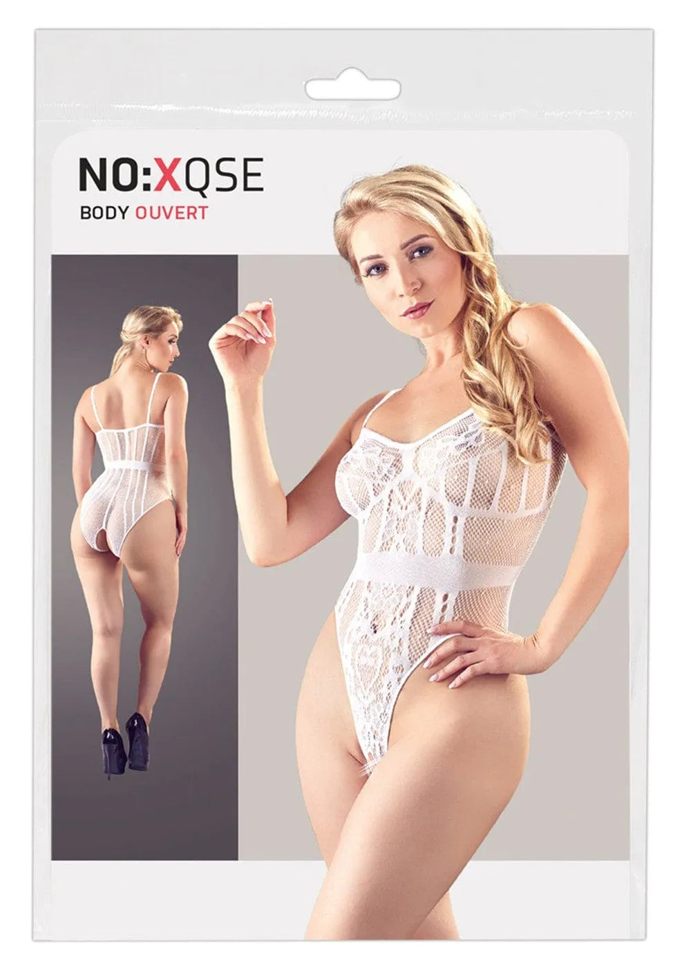 Body string blanc résille et dentelle, ceinture tissée, ouvert à l'entrejambe, collection Cottelli, femme de dos et de face.