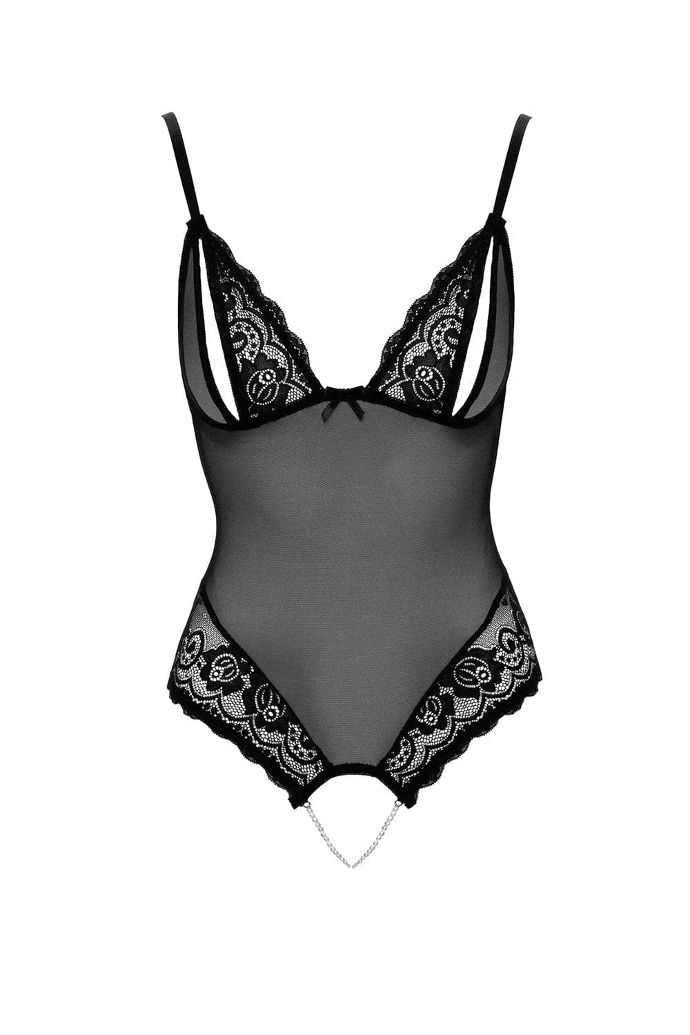Body string Cottelli noir en dentelle florale et résille, bonnets fendus, perles stimulantes, polyamide et élasthanne.