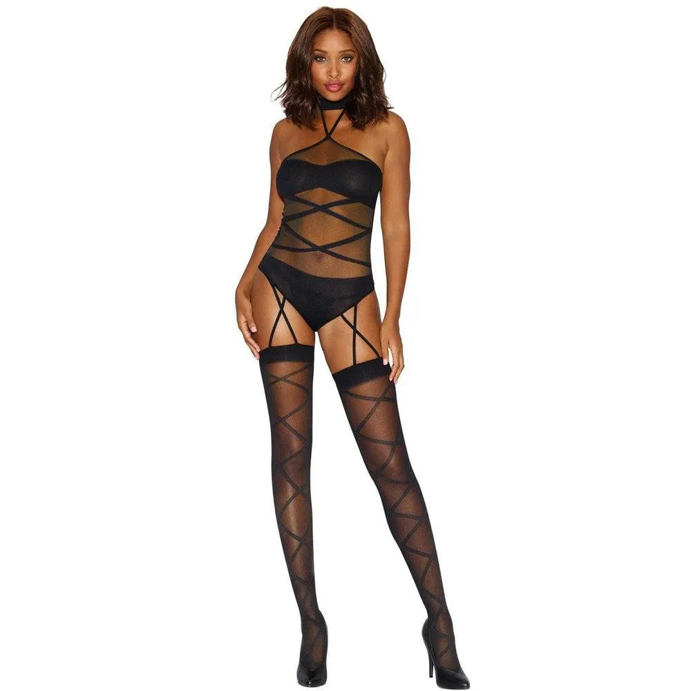 Combinaison bodystocking noire résille laçage, jarretelles, bretelles réglables, coupe moulante, extensible, soirée sensue...