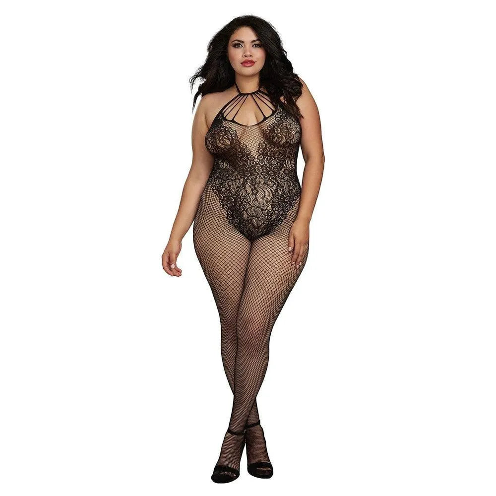 combinaison résille grande taille décolleté lanières audacieuses sensualité licou réglable ouverture entrejambe extensible douce nylon élasthanne maintien