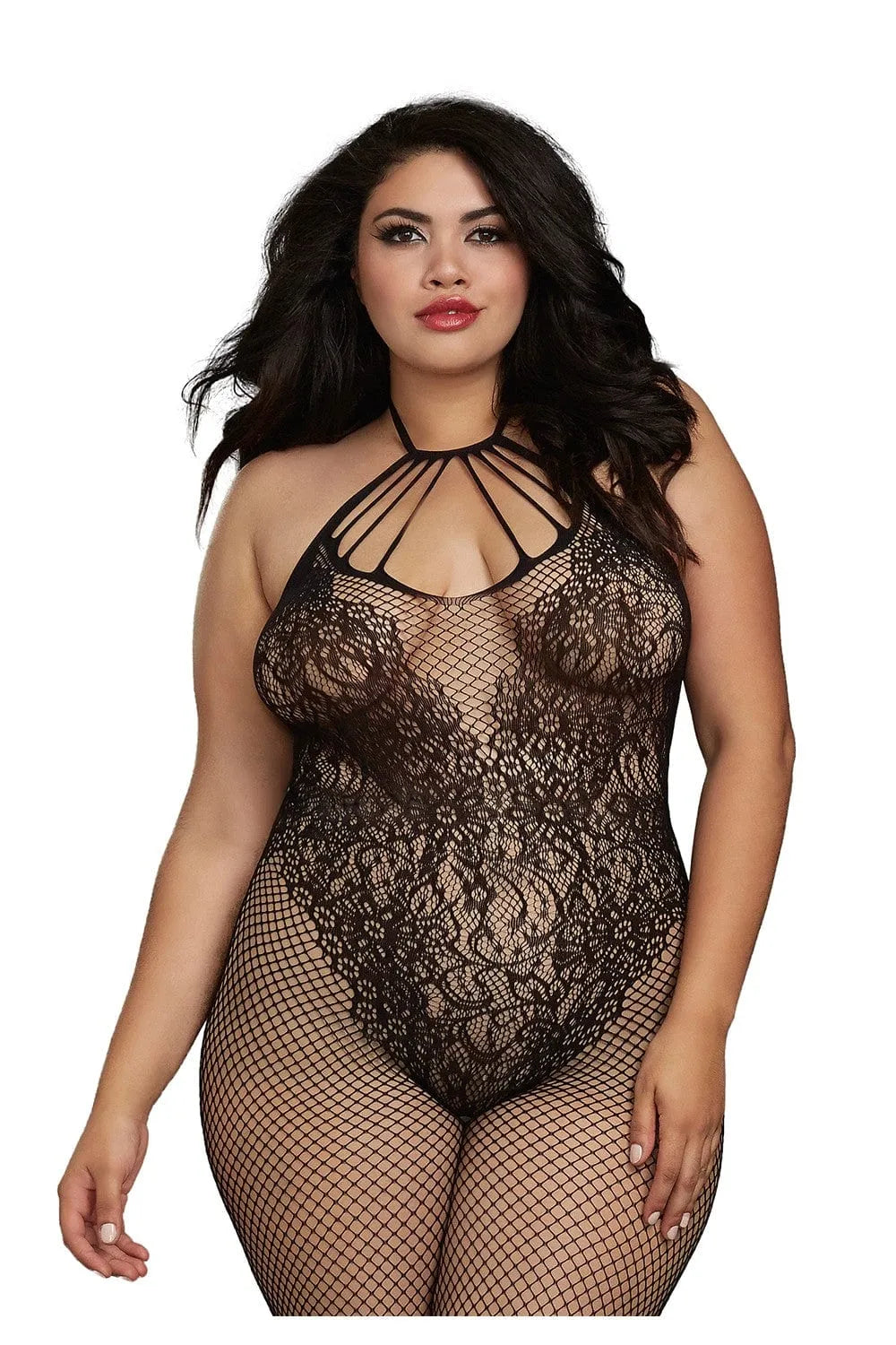 Combinaison résille noire grande taille, décolleté lanières, licou réglable, ouverture entrejambe, nylon élasthanne.