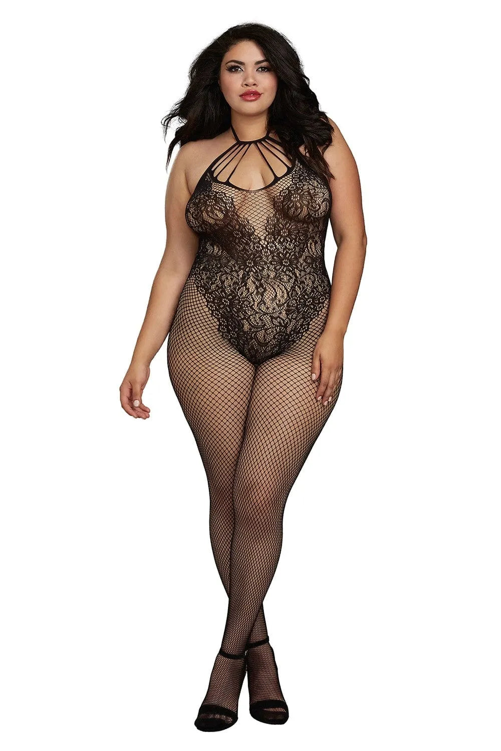 Combinaison résille noire grande taille, décolleté lanières, licou réglable, ouverture entrejambe, élégance et sensualité.
