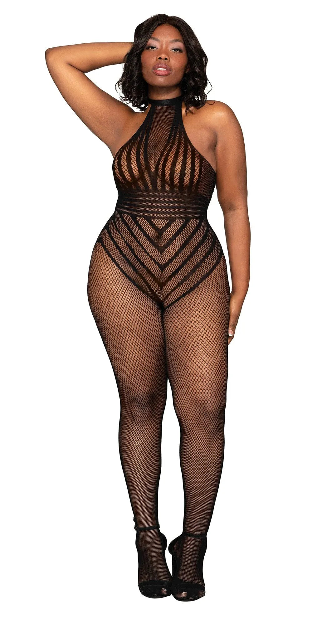 Combinaison résille noire grande taille, col licou, dos nu, entrejambe ouvert, élégante et sensuelle, nylon élasthanne.
