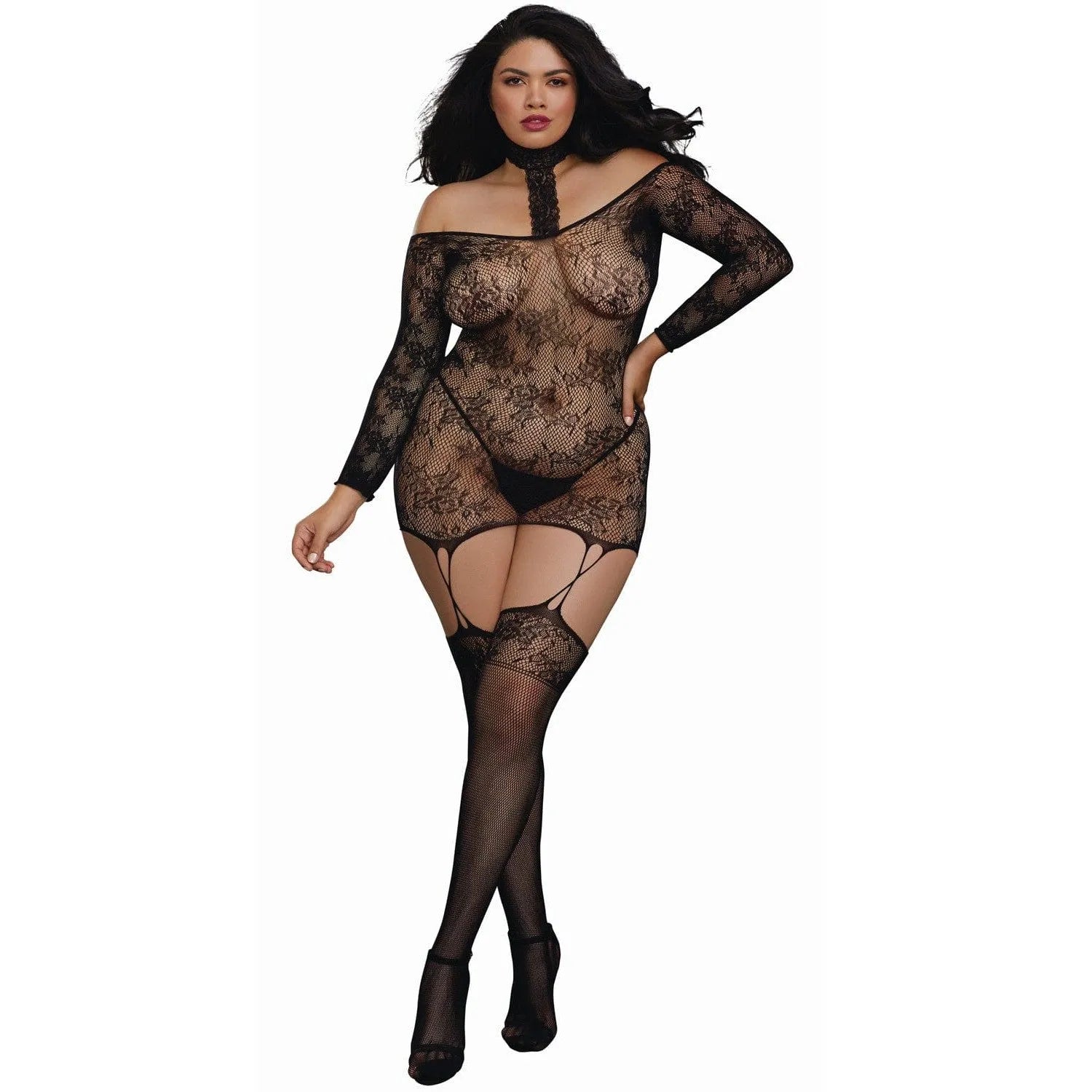 combinaison grande taille réversible résille dentelle motifs floraux guêpière jarretelles silhouette séduction confort extensible nylon elasthanne
