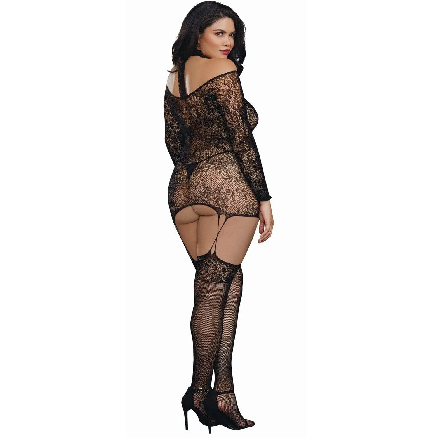 Combinaison grande taille réversible en résille noire, dentelle florale, style guêpière avec jarretelles, silhouette éléga...