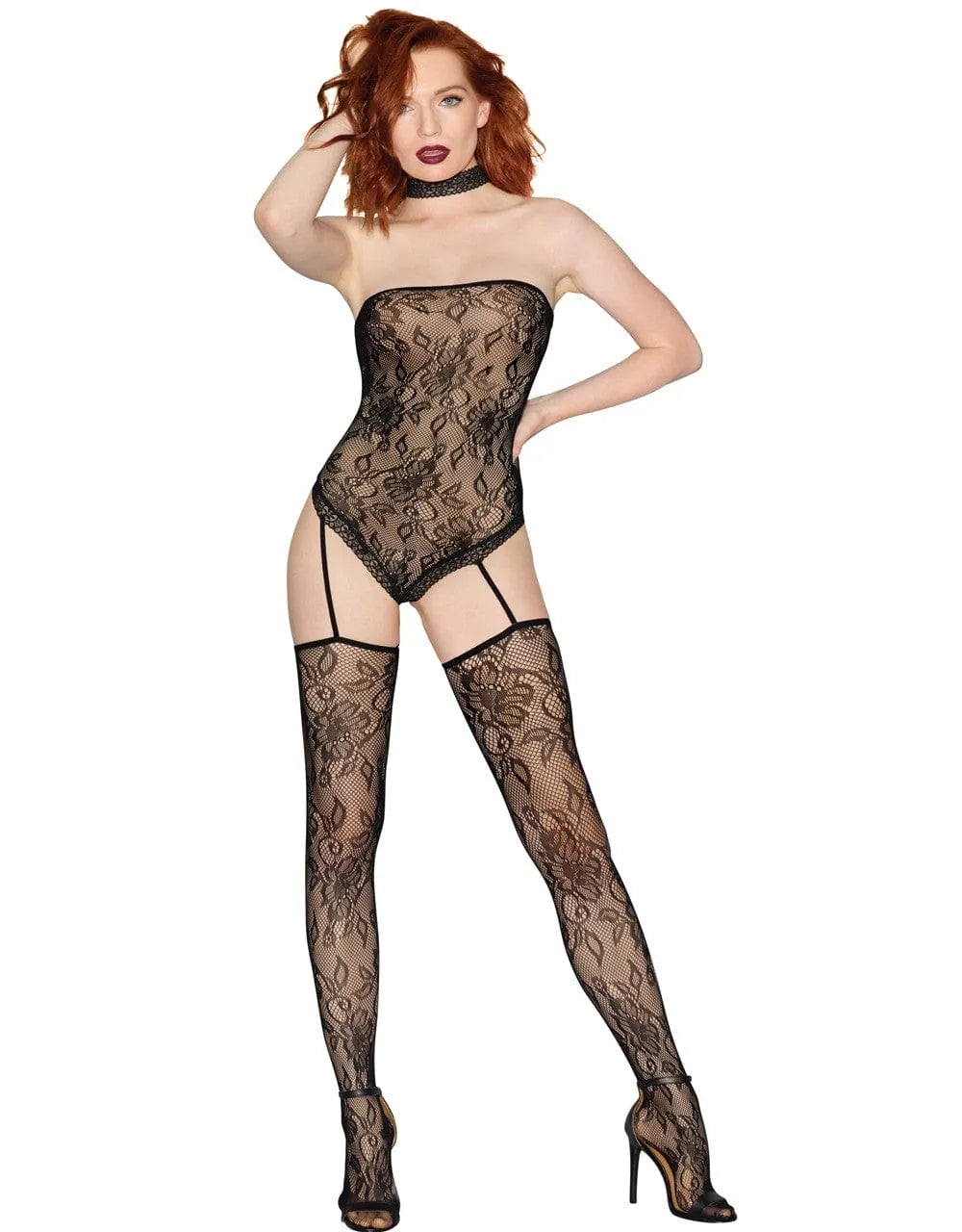 combinaison lingerie sexy noire dentelle florale résille effet illusion bustier string jarretelles bas col raffiné nylon élasthanne confortable romantique glamour