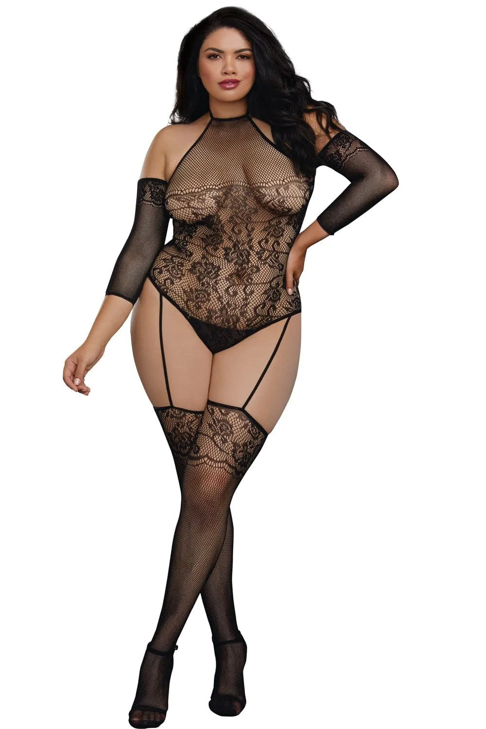 bodystocking noir grande taille chic jarretelles bas intégrés épaules dénudées manches trois quarts coupe string arrière voluptueuses élégante sophistiquée élastique