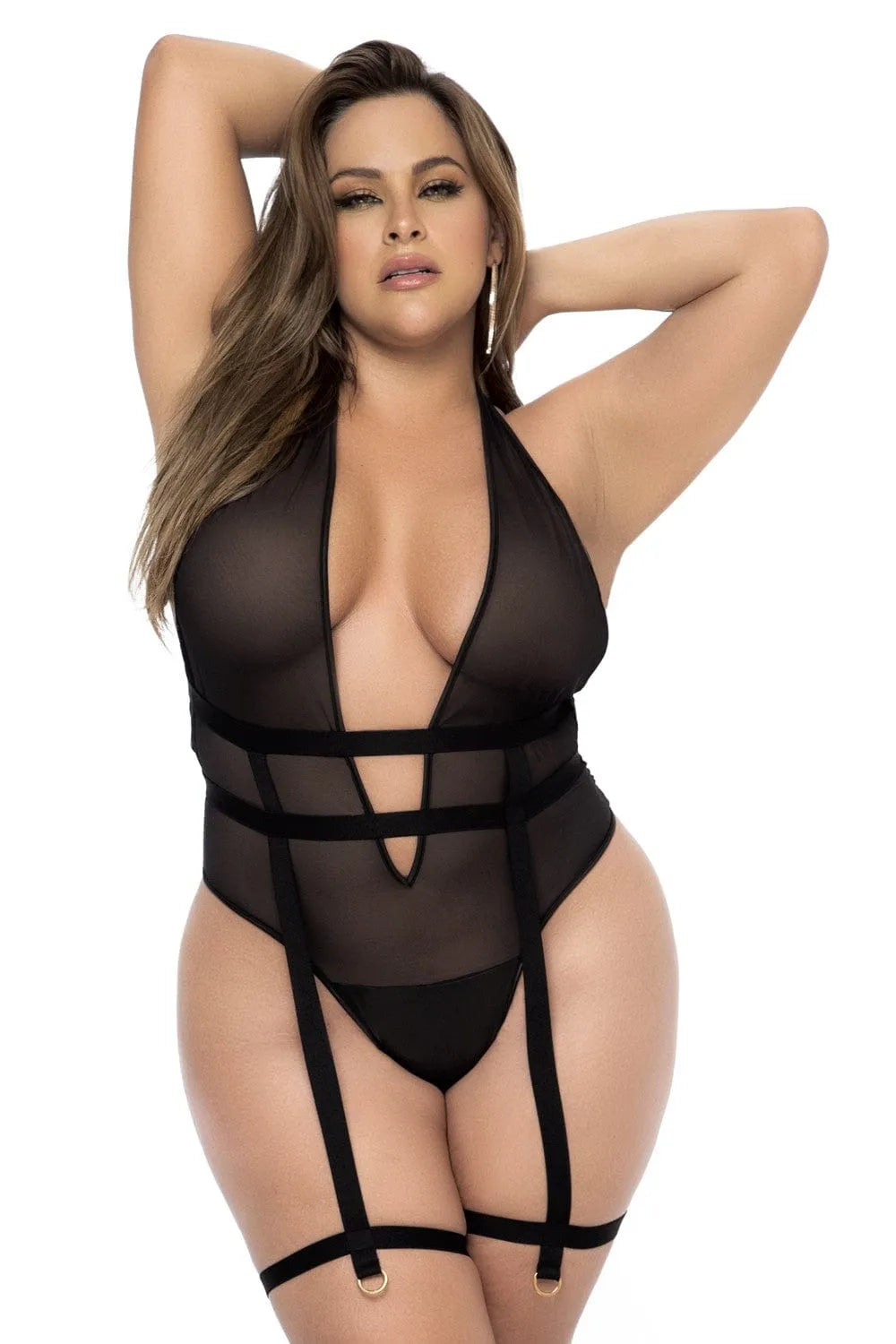Bodystring grande taille noir transparent réglable dos portejarretelles intégré harnais sensuel élégant douceur extensible nylon élasthanne lavage main