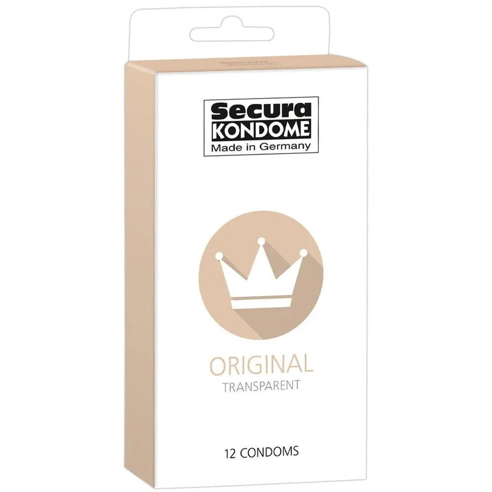Boîte préservatifs Secura douze latex lubrifié silicone réservoir transparent très doux plat moderne fabriqué Allemagne testé certifié CE médical