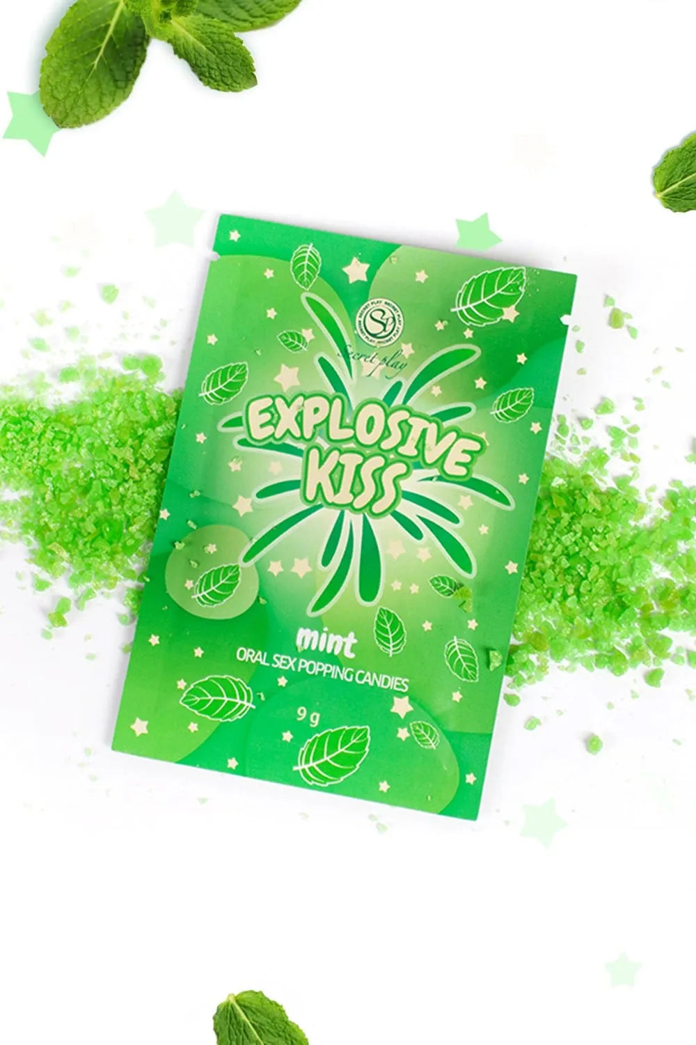 Bonbons menthe pétillants aphrodisiaques, emballage vert, feuilles de menthe, expérience sensorielle intense.