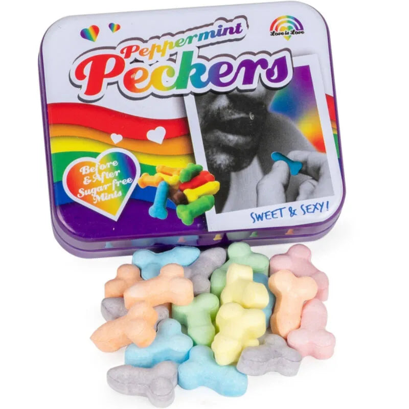 Boîte de bonbons menthe poivrée sans sucre multicolores en forme originale, rafraîchissants et végétaliens.
