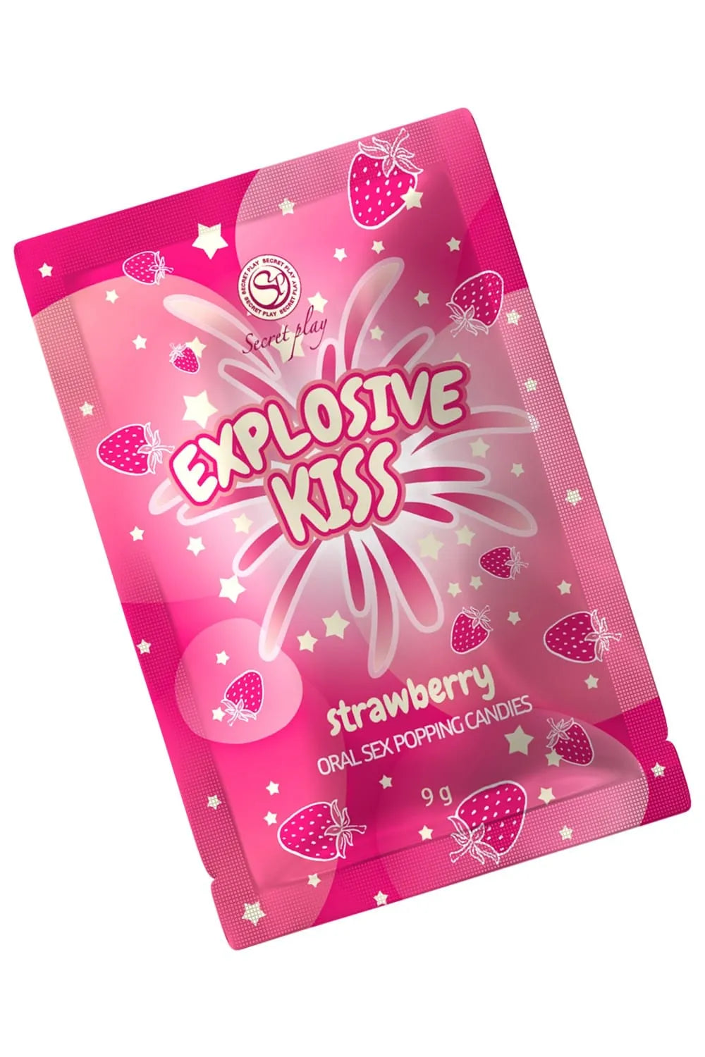 Bonbons pétillants fraise, emballage rose avec motifs de fraises, pour expérience sensorielle intime et ludique.