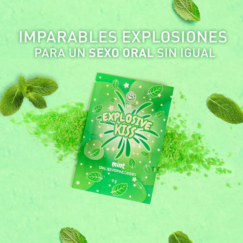 Sachet vert de bonbons intimes effervescents mentholés, entouré de menthe, pour stimulation orale multisensorielle.
