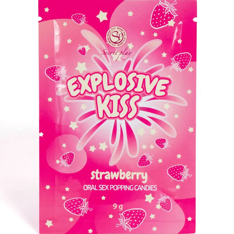 Sachet rose de bonbons érotiques explosifs fraise, design ludique avec fraises et étoiles, pour moments intimes sensoriels.