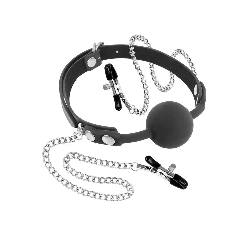 bondage baillon boule silicone hygiène parfaite réglable ajustable circonférence quarante deux cinquante sept centimètres chaînes pinces tétons crocodile pression