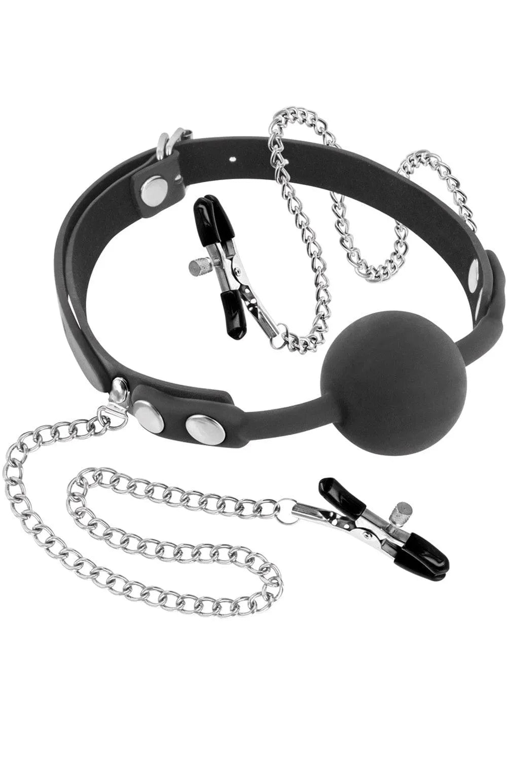 Baillon boule silicone noir avec chaînes argentées et pinces à tétons réglables, ajustable 42-57 cm, accessoire bondage.
