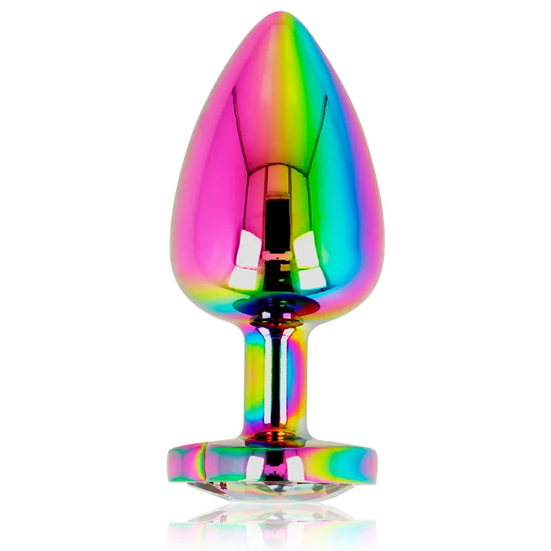 Bouchon anal métal irisé, forme ergonomique, finition multicolore, taille modérée, idéal débutants, stimulation agréable.