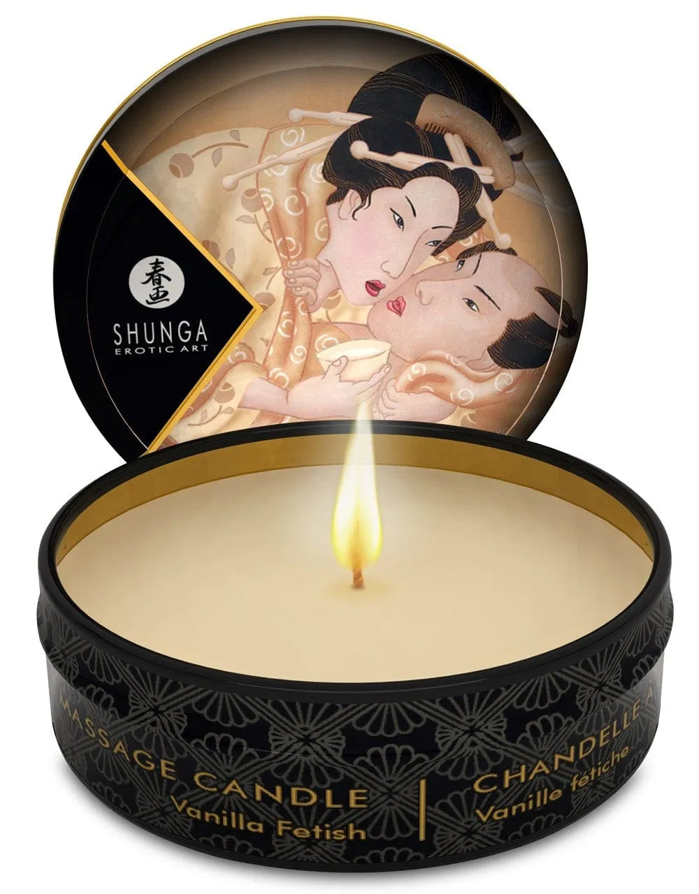 Bougie de massage vanille 30ml, pot noir décoré, cire fondue, huiles naturelles coco amande avocat, ambiance apaisante.
