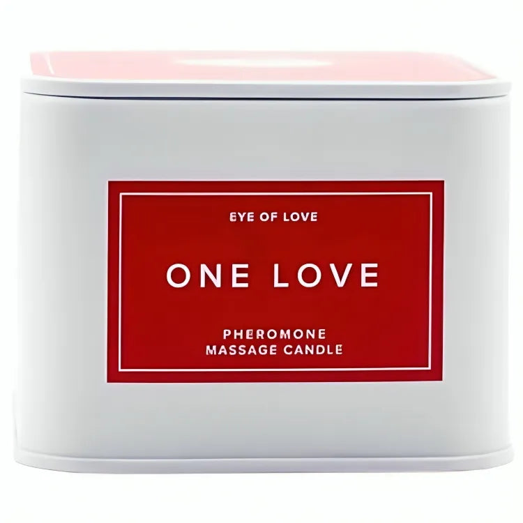 Bougie massage phéromones, pot blanc, couvercle rouge, étiquette rouge, beurre karité, parfum captivant, éthique.