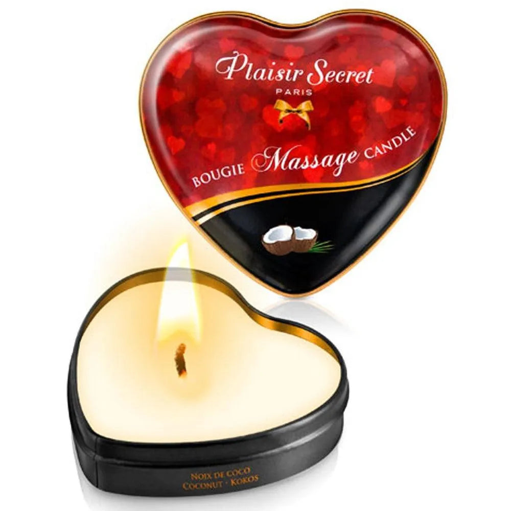 bougie massage cœur coco noix parfum exotique envoûtant gourmand huile tiède apaisant romantique métallique boîte élégante pratique cadeau sensuel