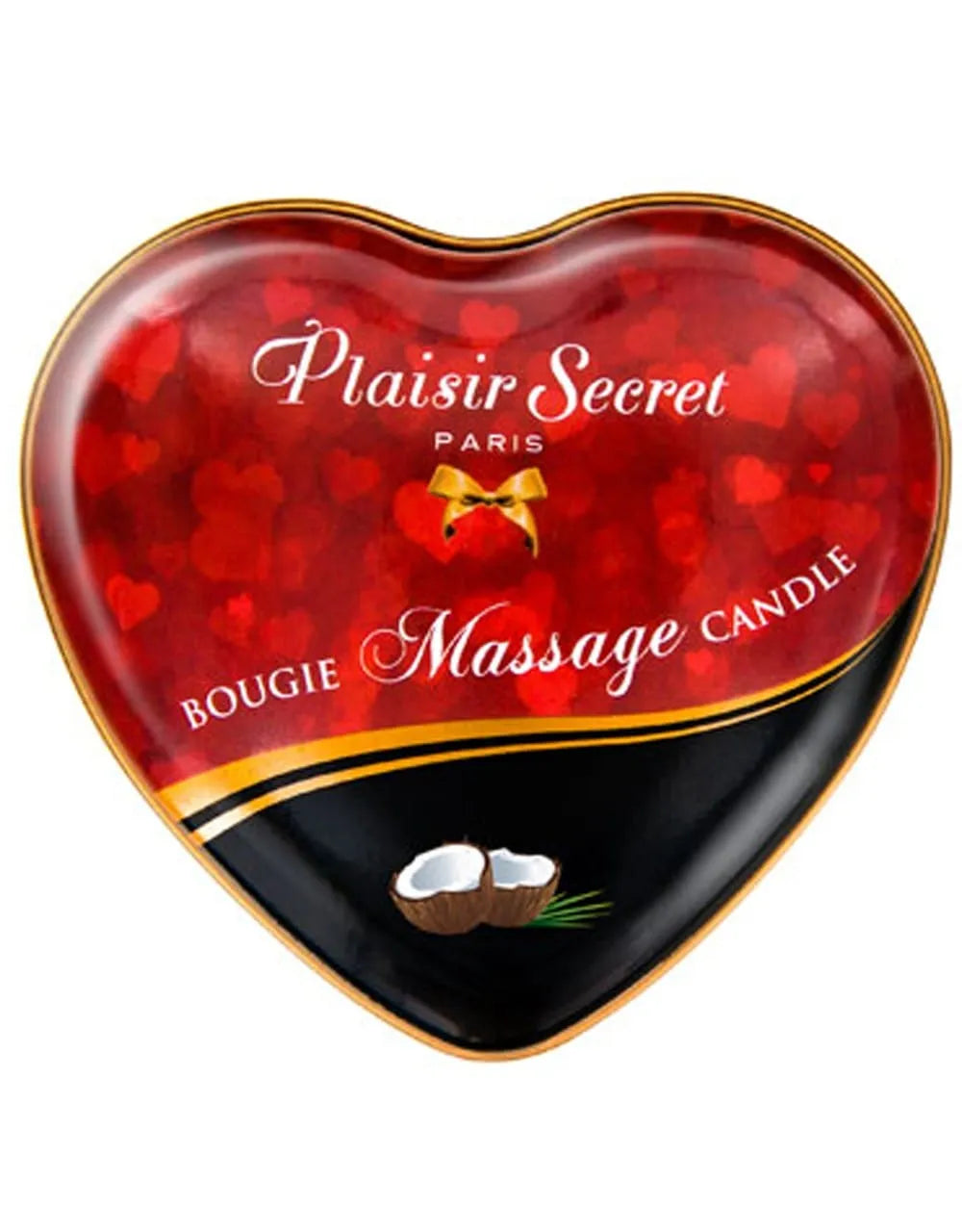 Bougie massage cœur rouge boîte métallique, parfum noix de coco exotique, cadeau sensuel et apaisant.