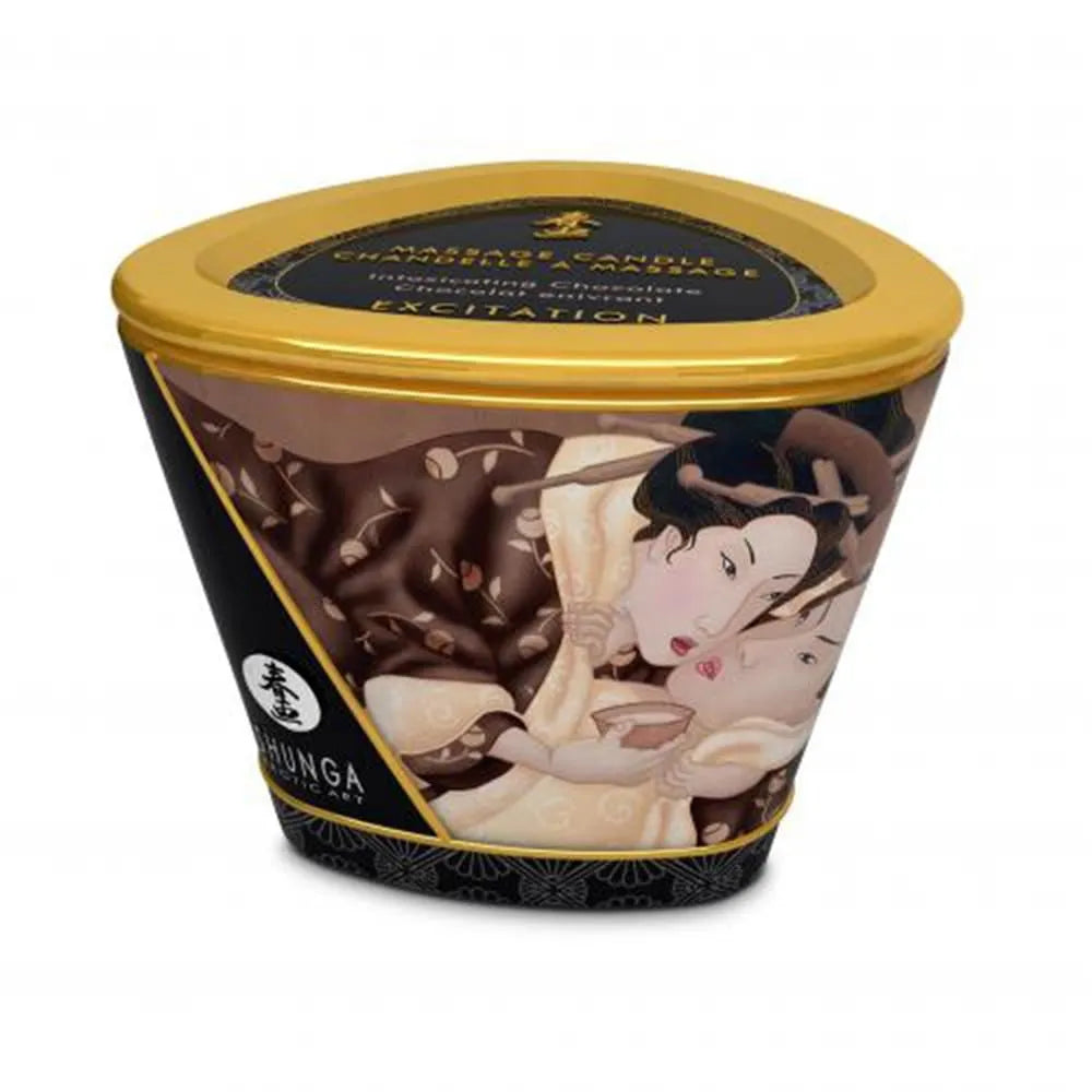 Bougie massage chocolat, pot artisanal doré et noir, illustration artistique, huiles naturelles, relaxation, 40h.