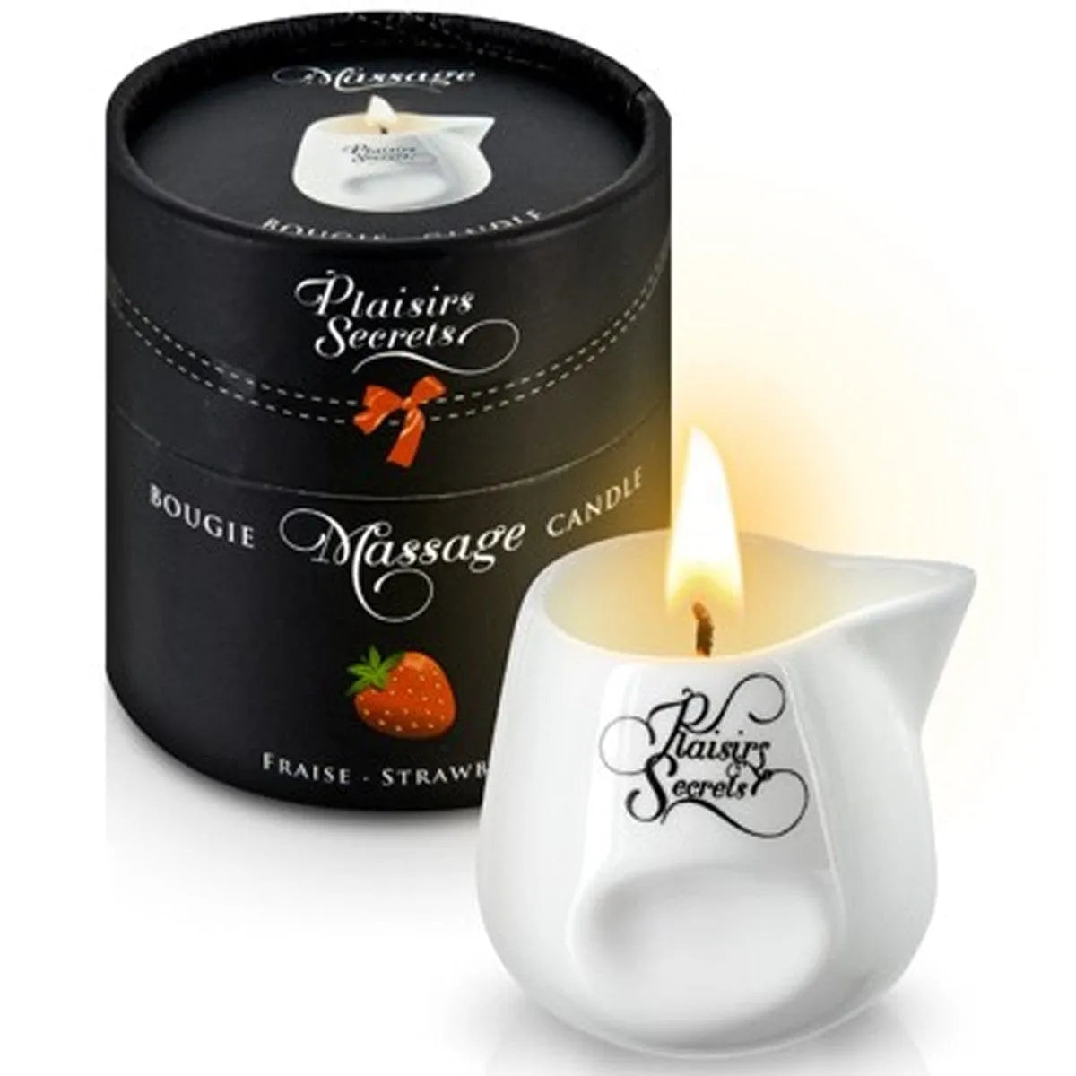 Bougie de massage fraise en céramique blanche avec bec verseur, packaging noir élégant, cire végétale naturelle.