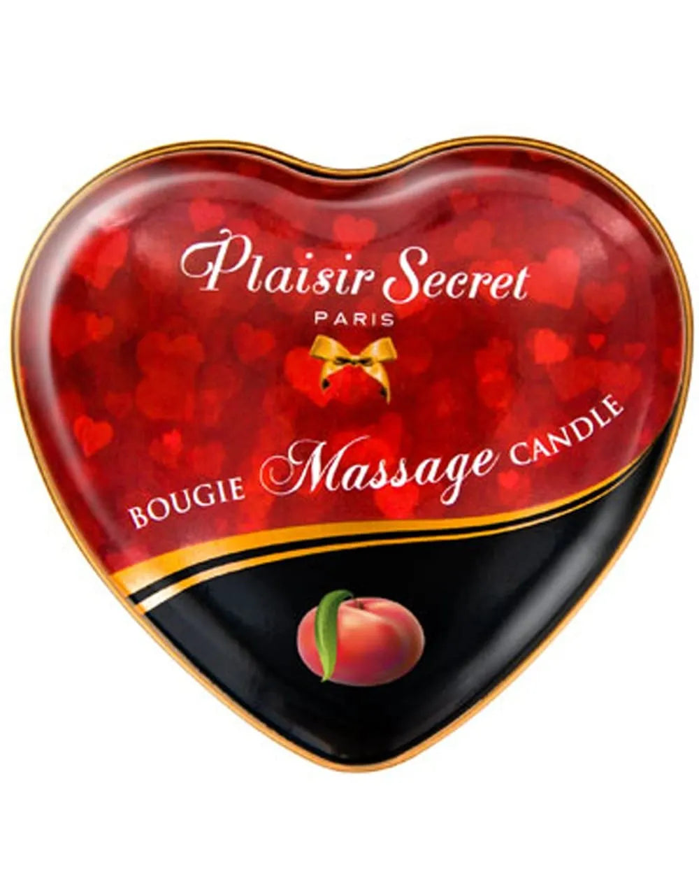 Bougie massage cœur rouge pêche vigne, boîte métallique, huile tiède soyeuse, détente sensuelle, parfum naturel.