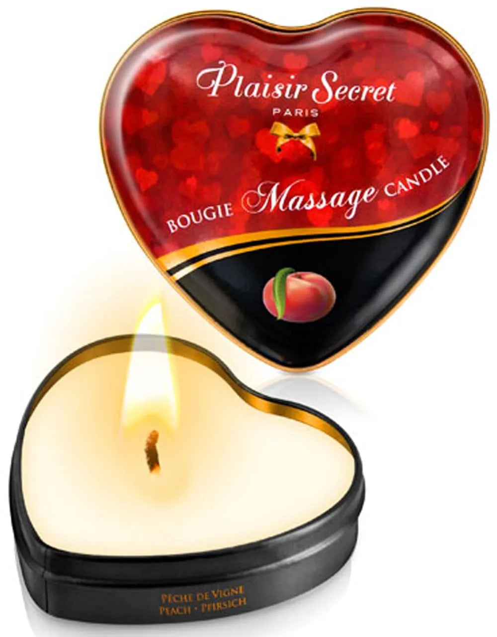 Bougie de massage pêche de vigne en boîte cœur rouge, cire fondue en huile tiède, parfum subtil et naturel.